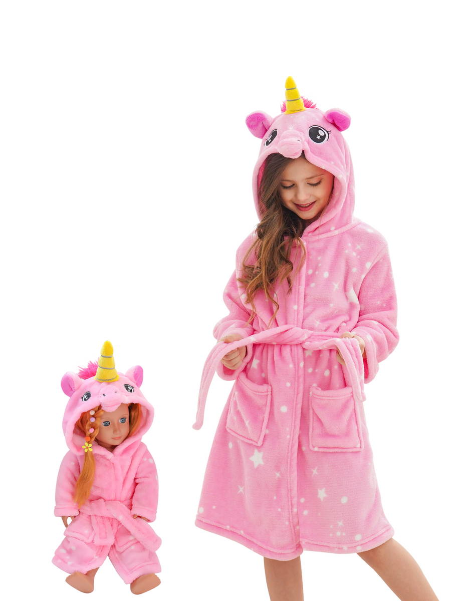 Unicorn Girls Robes Pajamas Pink Soft Onesie Hooded Bathrobe Sleepwear Matching Doll & Girls - Doctor Unicorn