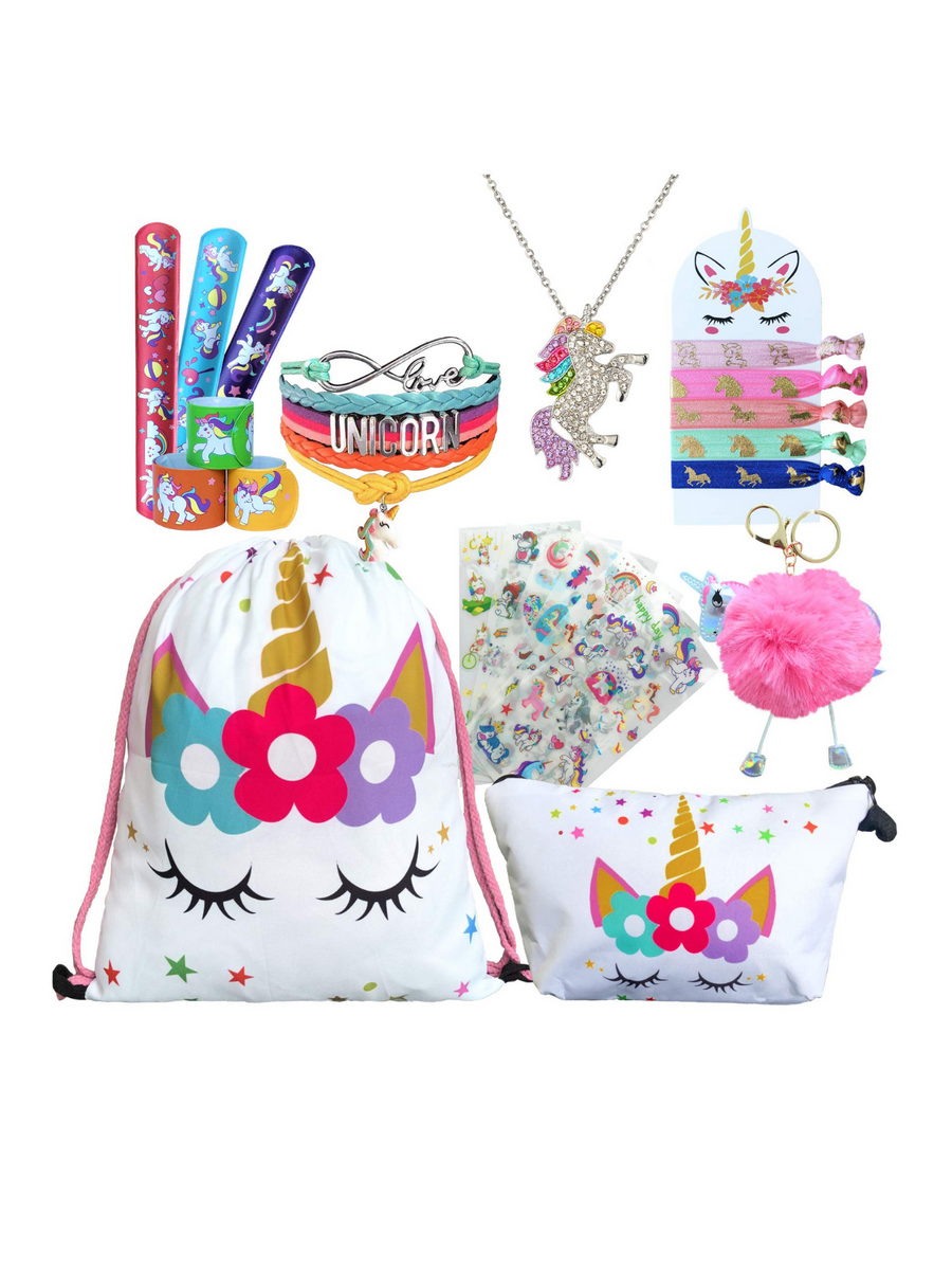 Unicorn Gifts for Girls - Unicorn Drawstring Backpack/Makeup Bag/Bracelet/Necklace/Hair Ties/Keychain/Sticker (White Star 4)