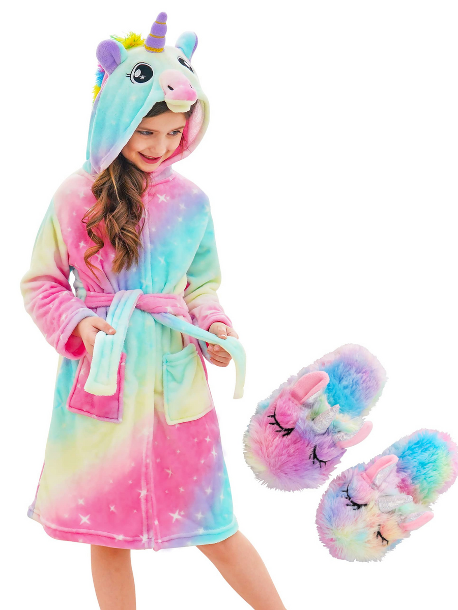Unicorn Girls Robes Pajamas Soft Onesie Hooded Bathrobe Sleepwear Matching Slippers For Girls - Doctor Unicorn