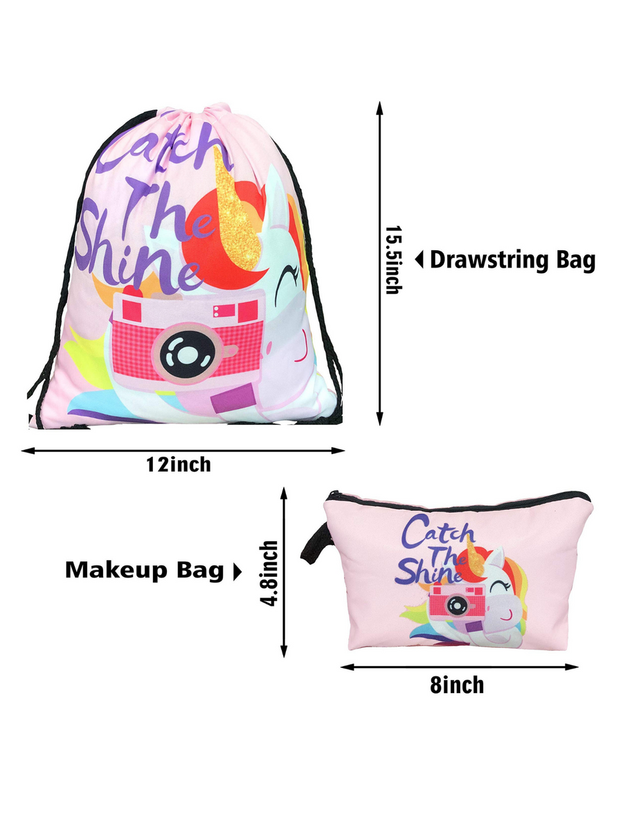 Unicorn Gifts for Girls - Unicorn Drawstring Backpack/Makeup Bag/Bracelet/Necklace/Hair Ties/Keychain/Sticker (Catch the Shine 4)