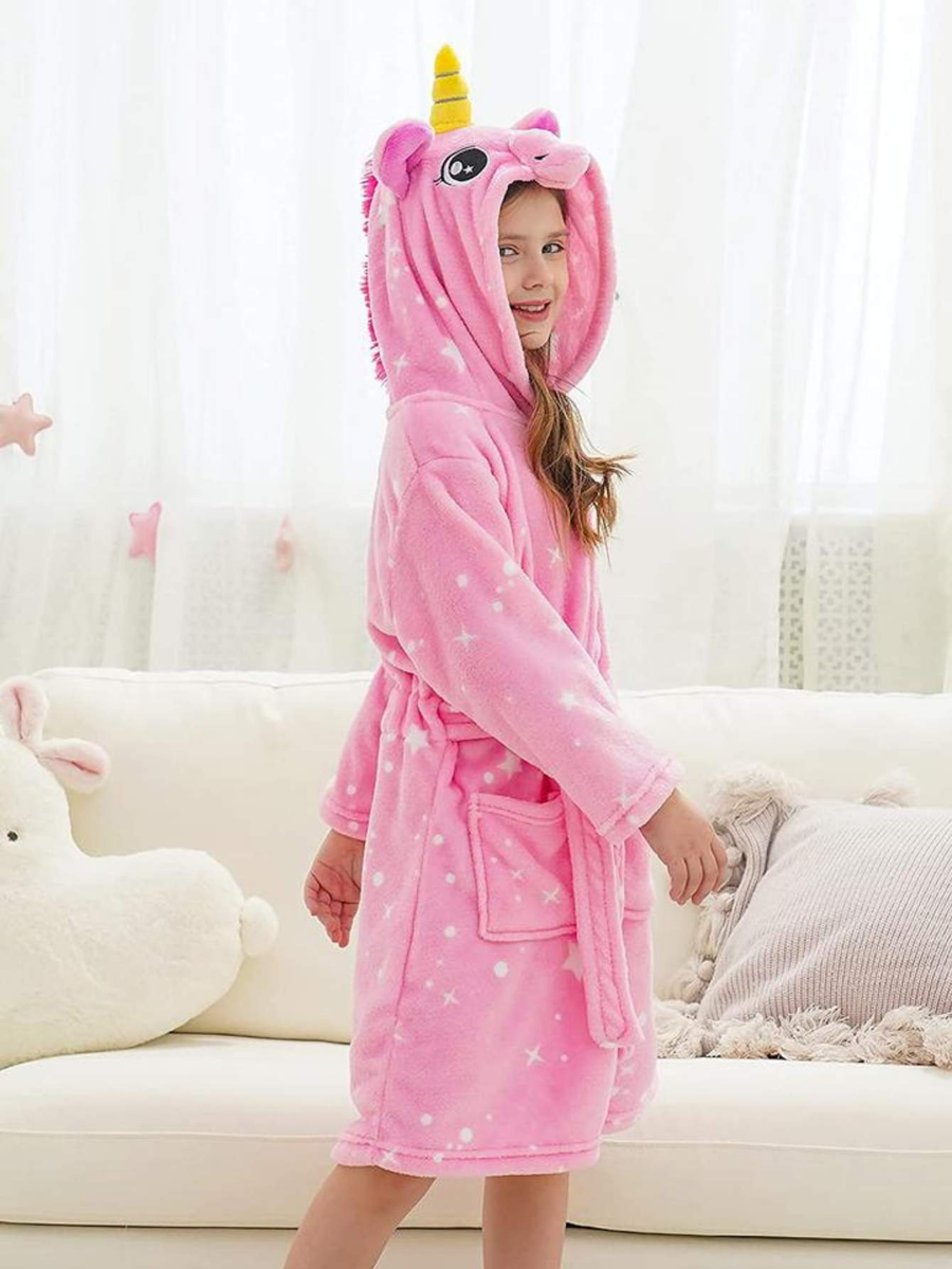 Doctor Unicorn Girls Pink Hooded Unicorn Robe Soft Lounge Bathrobe With 3D-ear Belted, Dual Pocket, And White Star Print