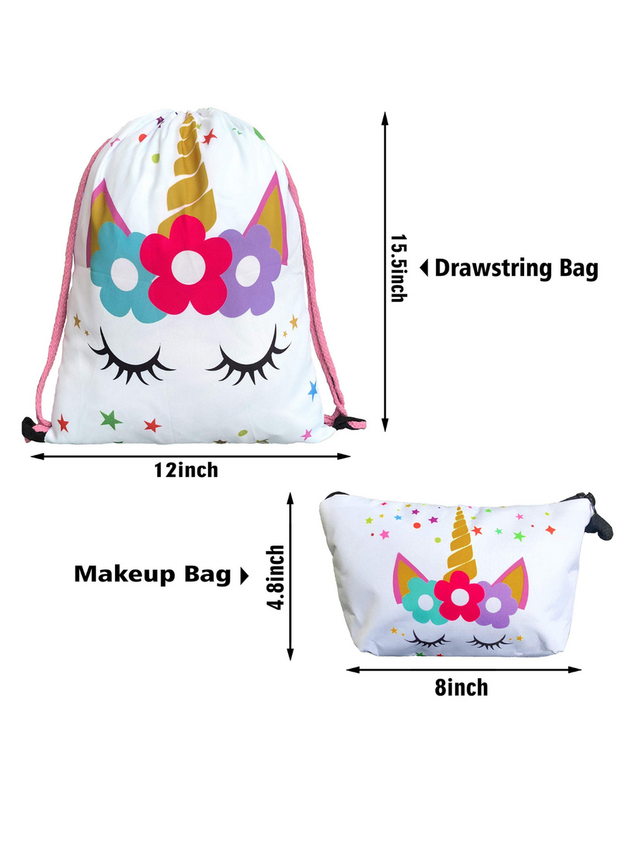 Unicorn Gifts for Girls - Unicorn Drawstring Backpack/Makeup Bag/Bracelet/Necklace/Hair Ties/Keychain/Sticker (White Star 4)