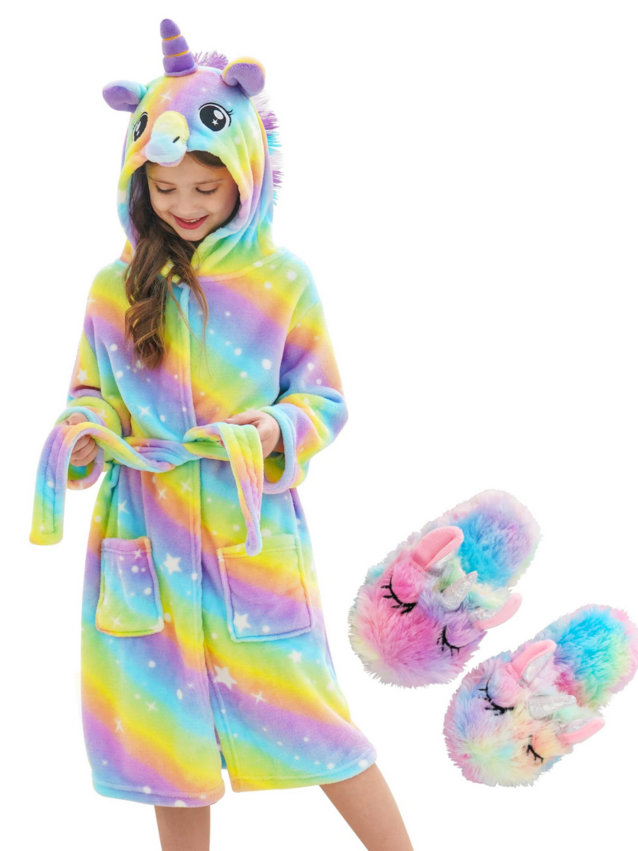 Unicorn Girls Robes Pajamas Bright Rainbow Soft Onesie Hooded Bathrobe Sleepwear Matching Slippers For Girls - Doctor Unicorn