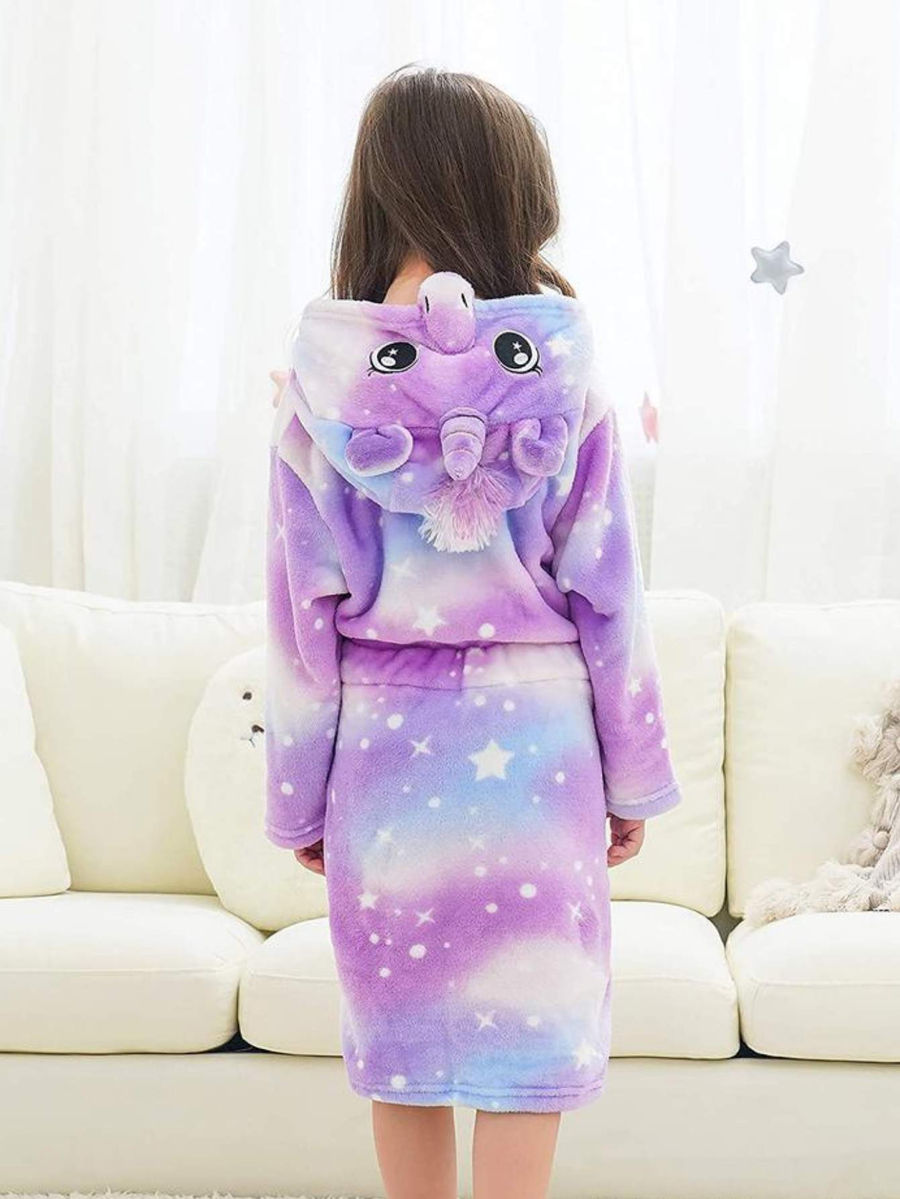 Unicorn Girls Robes Pajamas Purple Hooded Onesie Soft Lounge Bathrobe For Girls With 3D-ear Belted, Dual Pocket - Doctor Unicorn
