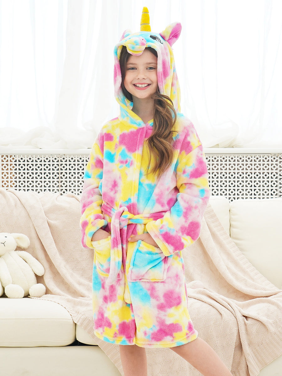 Unicorn Girls Robes Pajamas Pink Tie-dye Soft Onesie Hooded Bathrobe Sleepwear Matching Slippers For Girls - Doctor Unicorn