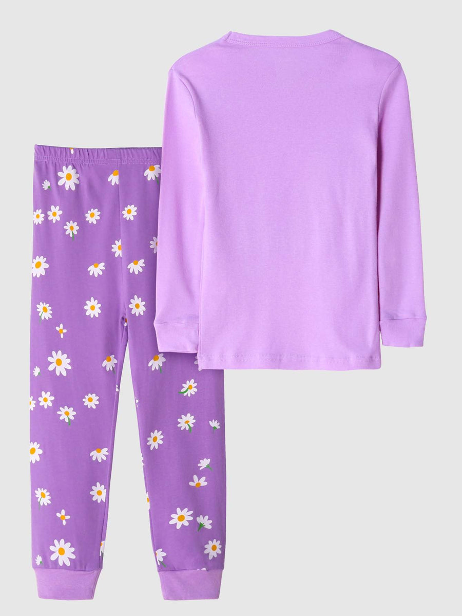 Girls' Snug Fit Cotton Purple Daisy Pajama Set Sleepwear