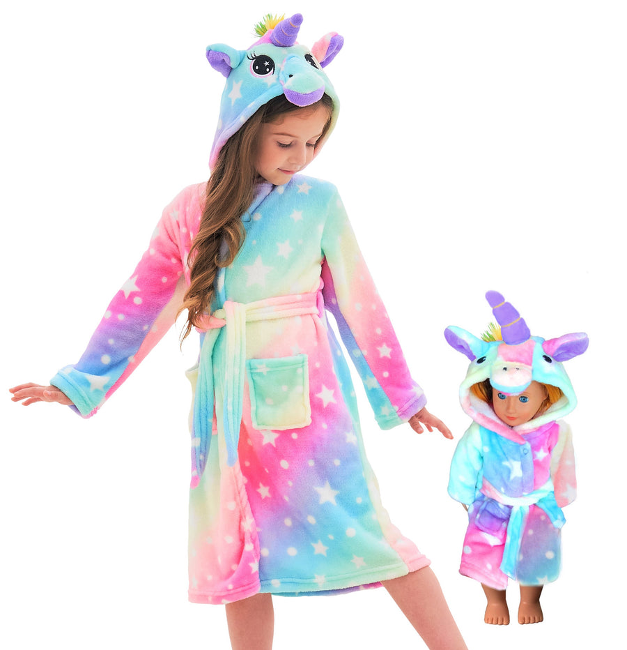 Unicorn Girls Robes Pajamas Pink Rainbow Star Soft Onesie Hooded Bathrobe Sleepwear Matching Doll & Girls - Doctor Unicorn